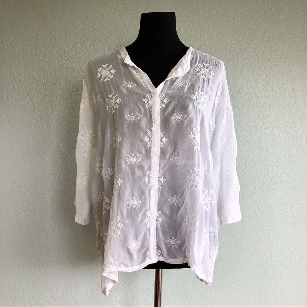 Johnny Was White Embroidered Button Down Blouse Top Womens Size L
